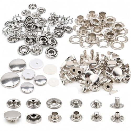 Kit de 1000 piezas de cierre a presión de metal, 10 tipos de accesorios de costura con broches, ojales, remaches y botones de cubierta para tela, cuero, mezclilla y manualidades