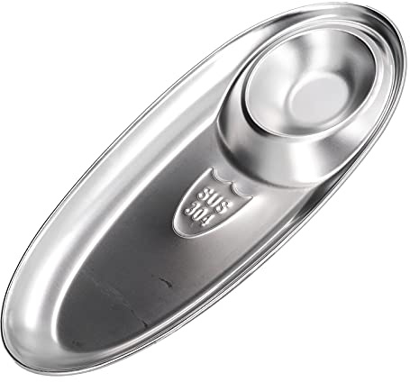 Pwshymi Assiette à Collation Ovale Divisée en Acier Inoxydable 304, Plat à épices pour le Camping et la Cuisine en Plein Air, Argent, 1 unité (Grande)