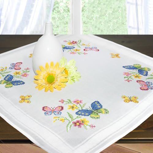 KAMACA, kit per ricamo a punto croce, tovaglia 80x80 cm, set prestampato con filo da ricamo, modello e istruzioni, set per ricamo fai-da-te per adulti (farfalle MD 80x80 cm)