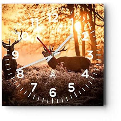 Modern Wanduhr Deer Heidekraut Tier 40x40cm Quadrat Groß Wand Uhr Glas Analog Zimmeruhren Küche Büro Wohnzimmer Glasuhr Wall Clock Dekoration Design Wanddekoration Küchenuhr C4AC40x40-3043