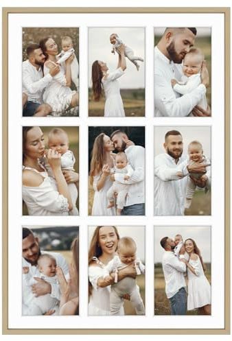 Golden State Art, 13.6x19.7 Gold Aluminum Collage Frame - Ivory Mat Included - Fits Nine 4x6 Photos/Pictures - Sawtooth Hanger - Swivel Tabs - Wall Mounting - Landscape/Portrait - Real Glass,1 Pack