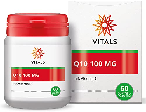 Vitals - Q10 100mg 60 Softgel-Kapseln mit 20mg natürliches Vitamin E. Reines und hochwertiges Q10. Vom weltweit führenden Q10-Spezialisten Kaneka. Nach strengen GMP-Standards produziert