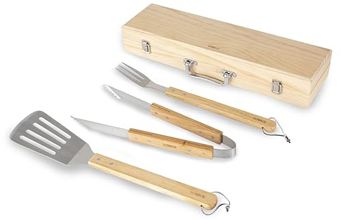 Tower T932005 BBQ 4 Piece Tool Set with Wooden Handles and Carry Case, Stainless Steel