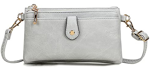 AOSSTA Kleine Umhängetasche für Damen, Handy-Umhängetasche mit langem Riemen, Clutch, Abendtasche für Mädchen, Hellgrau (mit zwei Reißverschlüssen), Large