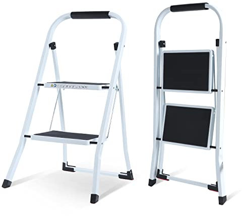 EPROSMIN 2 Step Ladder Folding Ladder, Portable With Anti-Slip Mat & Comfortable Soft Handgrip, Heavy Duty Steel - Easy to Store Ladders, 150KG Max Capacity (2 white) (SVSL04V1)