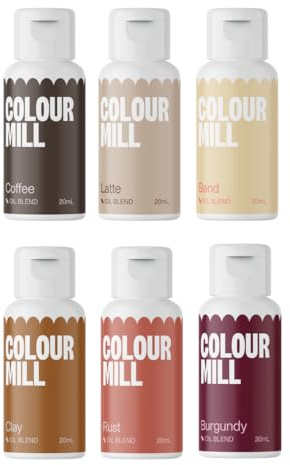 Colour Mill Oil Blend Set Outback Colorants Alimentaires à Base d'Huile - Nourriture Dye: Coffee, Latte, Sand, Clay, Rust, Burgundy - Food Coloring pour Décoration de Gâteaux - Set-6