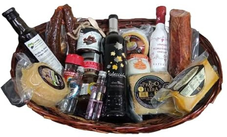 Cesta de Regalo para Empresas con Vino Viña Puebla, Caña de Lomo Ibérico, Queso El Prado de Llera, Mini Torta de la Serena – Corazón Extremeño
