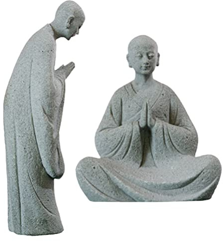 Yardwe Mini Mönch Figur 5.51 Zoll Steinmönchstatue Für Garten Terrasse Wohnzimmer Zen Buddhismus Deko Spirituelle Mönchstatuen Kompakte Stein Skulptur 2 Stück