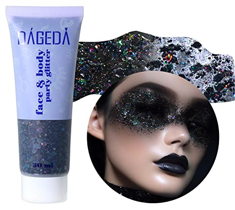 Prreal Body Glitter Gel 50ml, Face Glitters Body Gel Sequins | Shimmer Liquid Eyeshadow, Chunky Glitter for Hair Nails, Holographic Cosmetic Laser Powder Festival Glitter Makeup#Black