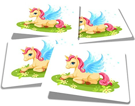 Vinyl Rectangle Stickers (Set of 4) 10cm - Rainbow Unicorn Yellow Background for Laptops, Tablets, Luggage, Scrap Booking, Fridges #59681