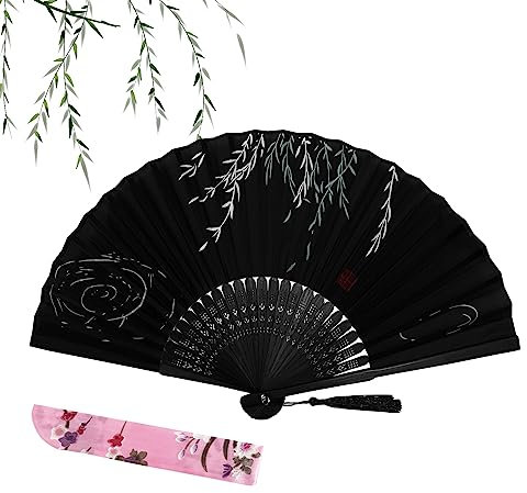 ZoomPlay Folding Hand Fan, Handheld Fan Bamboo Hand Fan for Birthday Gifts Dancing Cosplay Wedding Party, Black