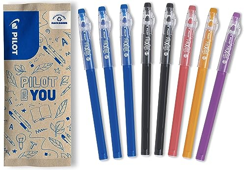 Pilot - Set di 8 Penne FriXion Ball Stick - Penna a strappo con Inchiostro Termosensibile - La FriXion economica - 3 Blu, 2 Nere, 1 Corallo, 1 Arancione, 1 Viola - Punta Media