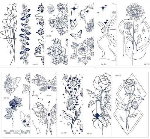 Qpout 11 Blatt semi-permanente Tattoos für Frauen Mädchen Realistische temporäre Tattoos Body Art Tattoo Aufkleber dunkelblau wasserdicht gefälschte Tattoos langlebig für 1-2 Wochen