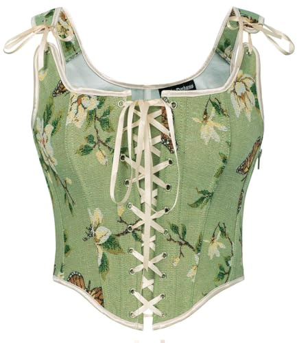 SCARLET DARKNESS Corsetto Donna Medievale Floreale, Bustino Donna Rinascimentale Vintage Verde 38