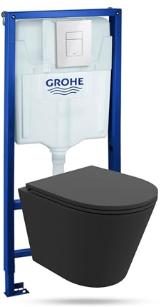 LAVITA | Élément mural Solido + WC suspendu mural Galve noir sans bord + abattant WC SoftClose | Bouton blanc brillant | Kit complet | Réservoir de chasse encastré | Kit complet | WC complet |