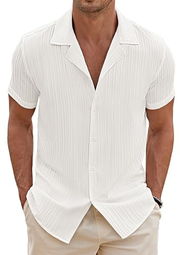 COOFANDY Herren Hemd Kurzarm Sommer Freizeithemd Kuban Kragen Hawaiihemd Gestreift Struktur Strand Hemden Guayabera Shirt