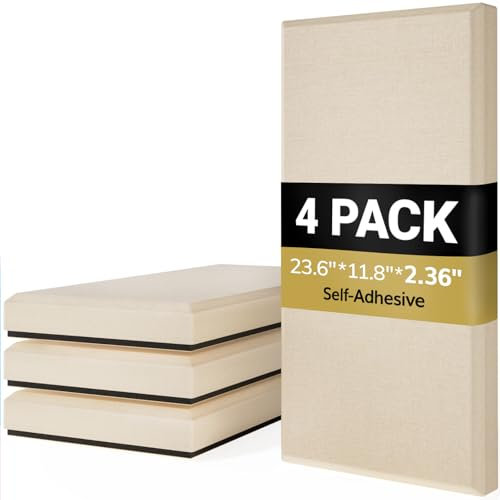 TONOR 4 Stück große Fiberglas Akustikpaneele selbstklebend, 60x30x5.2 cm Schalldämmung Wandpolster selbstklebend, Dekorative Echoabsorbierende Wandplatte, für Studio, Wohnzimmer, Haus, Büro, Beige