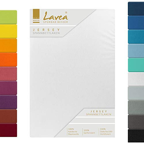 Lavea Jersey Spannbettlaken 200x220cm - 40cm Steg für Boxspringbetten - Weiß, Weich & Atmungsaktiv - Premium Qualität, Pflegeleicht, Perfekte Passform - Ideal für Boxspringbetten