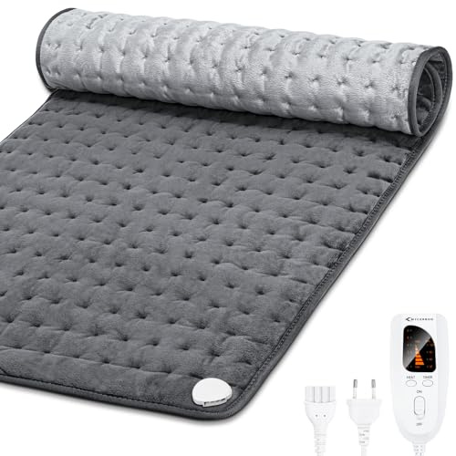 MYCARBON Heizkissen Rücken 92x50cm Wärmekissen mit 6 Heizstufen 4 Timerstufen waschbar Heizdecke mit Abschaltautomatik für Schulter Nacken Bauch Silbergrau
