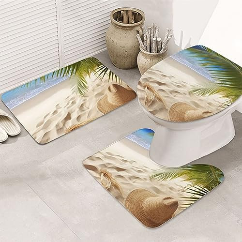 Badteppich-Set 3-Teilig Sandstrand Palmen Druck Badezimmer Vorleger 3-Teiliges Waschbar Wc Vorleger Set 3 Teilig Weiches Badematte Für Schlafzimmer Badewanne Dusche