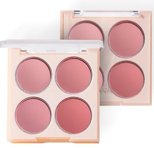 Blushers for Cheeks Make Up, 4-In-1 Pink Blush Palette, Matte Powder Blush, Natural Peach Highly Pigmented Long-Lasting Blendable Blusher Palette for Women, Suitable for All Skin Tones