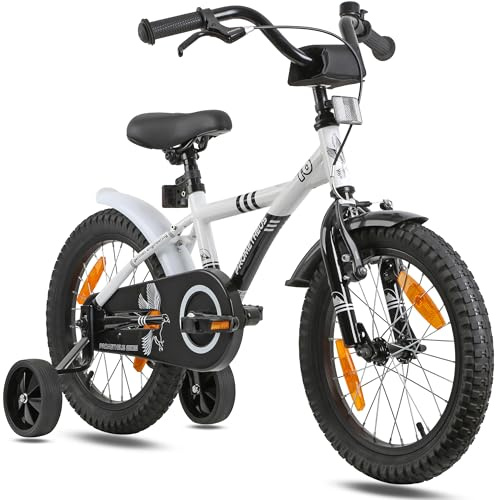 PROMETHEUS BICYCLES Kinderfahrrad 16 Zoll ab 5 Jahren - Kinder Fahrrad Mädchen Jungen Fahrrad Kinder mit Stützräder Rücktrittbremse in Weiss Schwarz