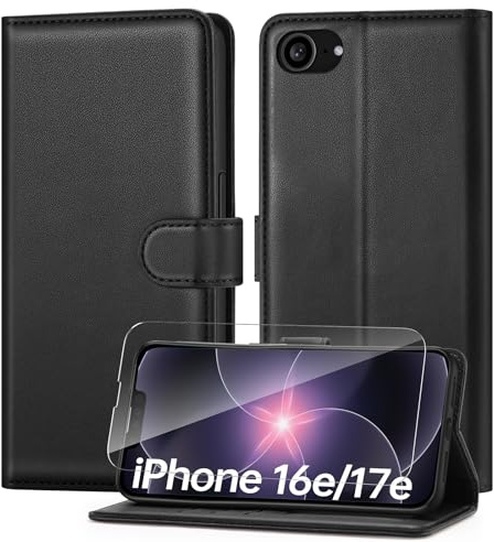 ivencase for iPhone 17e/iPhone 16e Case - Black | With Screen Protector, [RFID Blocking] PU Leather Flip Wallet Case with Stand Card Slots Magnetic Case for iPhone 17e/16e