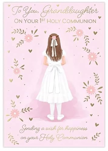 Poppy Hill First Holy Communion Card for Granddaughter, Pink and Gold Floral Design, 13 x 19 cm