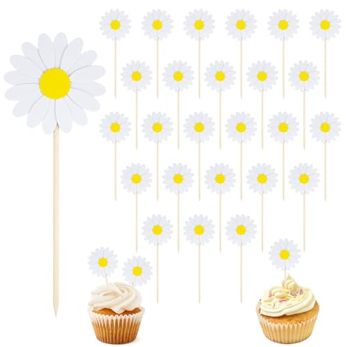 Alethron Gänseblümchen Tortendeko, 24 Stücke Gänseblümchen Deko Geburtstag Weiße Daisy Muffin Deko Cupcake Topper für Hochzeit Baby Dusche Happy Birthday Partydeko