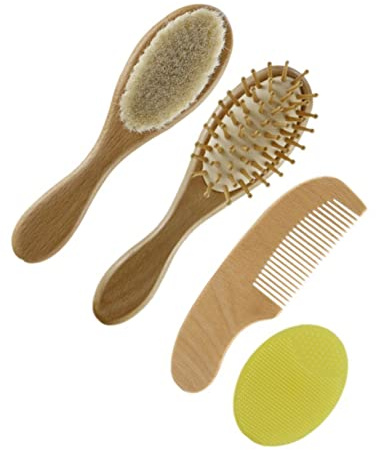 DECOMELODY 4pcs Wooden Hair Brush and Comb Bathing Tools for Boy Girl Safe Hair Comb for Newborn Cradle Cap Treatment