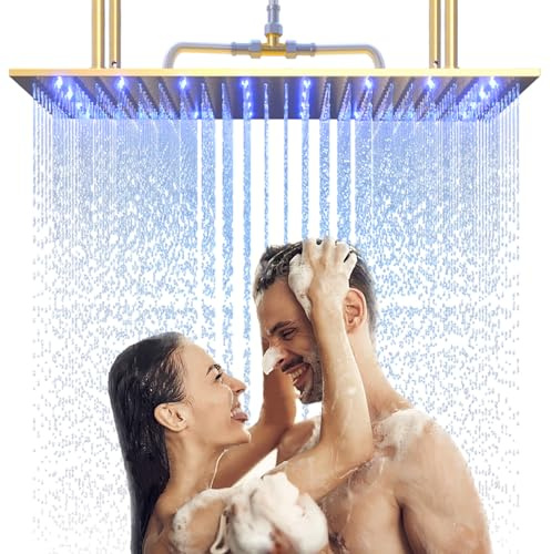 Large Rain Shower Head 32x16Inch LED Rainfall Stainless Steel Showerhead with Silicone Nozzles, Light Up by Water, Wide Coverage Fits 2 People, Ceiling or Flush Adjustable Mount, Brushed Gold