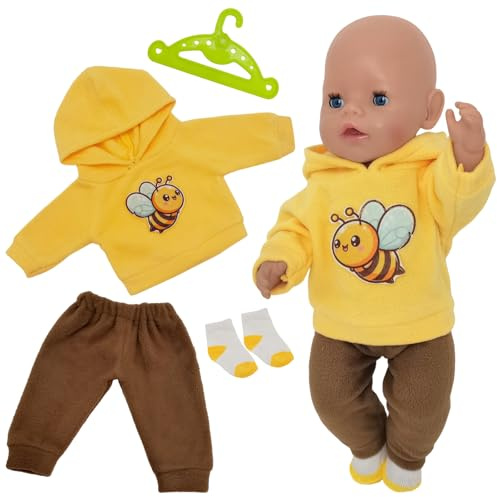 Baby Puppen Puppenkleidung 35-43 cm, 4 Stück Kleidung für 14-18 Zoll Baby Puppen, 1 Biene Hoodie 1 Braun Hose 1 Paar Socken 1 Hänger Süße Cartoon Puppenkleidung Geschenke für Kinder Mädchen Jungen