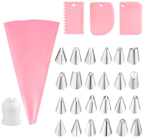 29 PCS Cake Decorating Kit, 24 Stainless Steel Piping Bags and Nozzles,1 Icing Piping Kit, 1 Coupler, 3 Plastic Scrapers, Professional Cake Piping Kit for Baking, Pastry, Cupcake Decorating