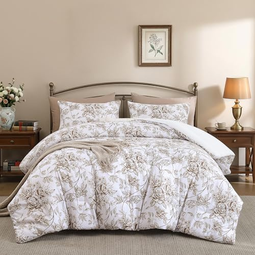 JANZAA Comforter Set Comforter Floral Bedding Sets Flowers Bed Comforter 1 Soft Reversible Botanical with 2 Pillow Shams (Khaki, Queen)