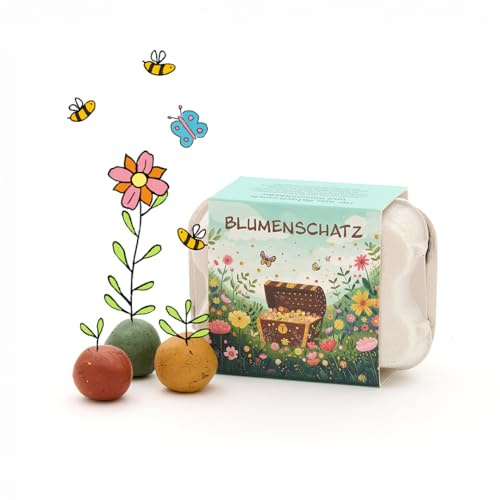 Wachsendes Gastgeschenk und Mitgebsel zum Kindergeburtstag | 6 bunte Blumenmurmeln mit Wildblumen-Saatgut im Mini-Eierkarton | BLUMENSCHATZ-Schatzkiste für Kindergeburtstage & Schatzsuchen