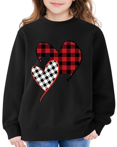 Mjjsk Flickor rund hals sweatshirt trendigt hjärta grafisk jumper barn vardaglig långärmad pullover toppar Preppy söt komfort semester kläder, Svart, 13-14 Years
