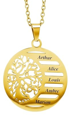 Collier Arbre de Vie Personnalisé (1 à 5 Prénoms) – Pendentif Famille Gravé – Idée Cadeau Femme & Maman – Expédié depuis la France – Finition Dorée ou Argentée (Or)