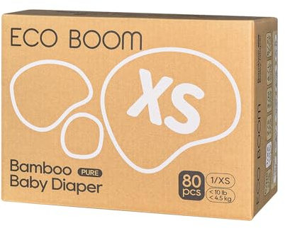 ECO BOOM Diapers, Viscose from Bamboo Diapers, Natural Soft Disposable Nappies for Infant, Size 1 Suitable for up to 10 lbs (X-Small - 80 Count)