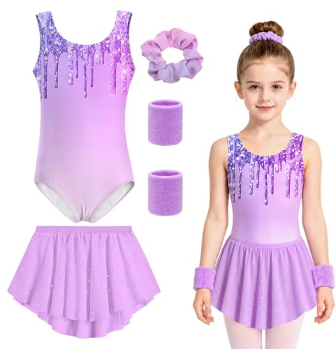 Maillot Gimnasia Rítmica Niña Set 4 Piezas con Falda y Coletero – Leotardo Ballet y Danza Infantil, Maillot Gimnasia Artística Niña para Entrenamiento, Competición, Ballet y Yoga 4-9 Años (130)