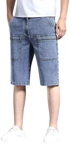 Jeansshorts för män, sommar, breda, bermudashorts, herr, 3/4 jeans, normal passform, knälånga jeans, tvättade herrjeans, sommarjeans med många fickor, streetwear, trendjeans, trendiga denimbyxor