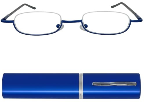 Schmale Metall Mini Lesebrille Halbrand mit Slim-Fit Alu-Etui | Nur 14 g, schmale Gläser, Nasenpads und Slim-Fit-Etui für Tasche, Büro und Alltag.