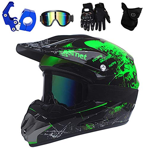 PKFG® Motocross Cross Helm Herren Schwarz Grün Set, Erwachsene Motorrad Crosshelm mit Helmhaken Brille Maske Handschuhe Geeignet für Mountainbike Motorcycle ATV Cross-Country Sport Schutz,L(56~57CM)