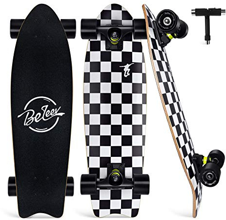 BELEEV Cruiser Skateboards for Beginners, 27 Inch Complete Skateboard for Kids Teens Adults, 7 Ply Canadian Maple Double Kick Deck Concave Trick Skateboard (Black)