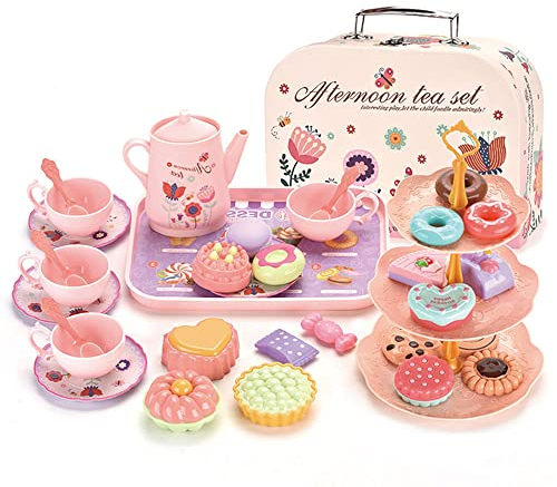 LUFEIS Teeservice Kinder, Tee Party Set, Puppengeschirr Metall, Holz Tee Set Kinder, Girls Tea Set für Kinders mit Koffer, Pretend Spielen Lebensmittel Küchenspiele Set für Jungen Mädchen ab 3 Jahre