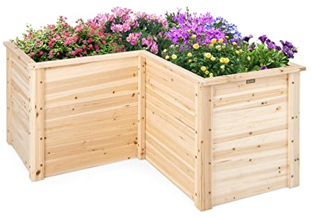 GOPLUS Cama Elevada de Jardín en Forma de L, Jardinera Elevada de Madera de Abeto con Fondo Abierto, Pintura DIY, Huerto Urbano para Jardin Césped Patio, Plantas, Flores, Frutas y Verduras (Natural)