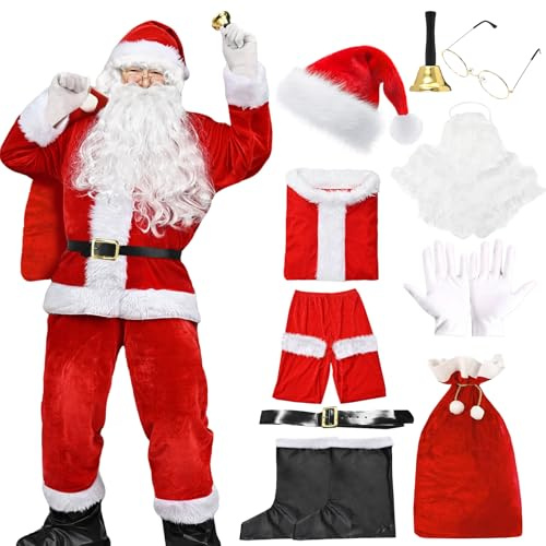 Raveparty Santa Costume Adult, Santa Claus Costume, Father Christmas Outfit Santa Suits Men with Hat Beard Gloves Christmas Bag Glasses Bells for Christmas Costume Adult (Style A, M)