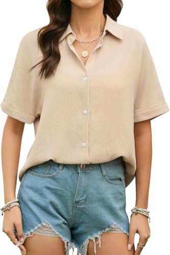 Stamain Damskjorta kortärmad sommarblus dam V-ringad blus dam lösa knappar ledig elegant damskjorta, Khaki, XXL
