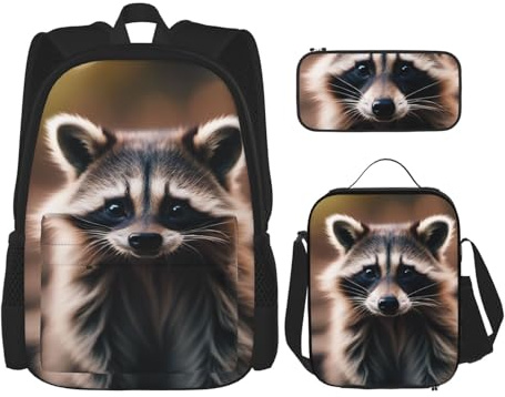 OXKGHHO Bonito juego de mochila de trabajo con estampado de mapache con lonchera aislada, correas ajustables, para gimnasio y uso diario, Negro -, Talla única