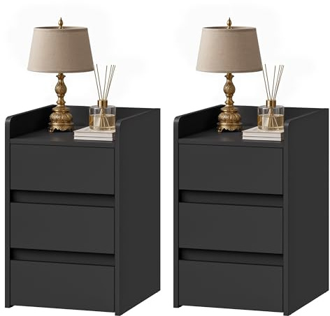 DWVO 2-Piece Bedside Table Set with 3 Drawers, Compact Nightstand Side Table for Bedroom, Living Room Storag, Black, 35x40x59cm