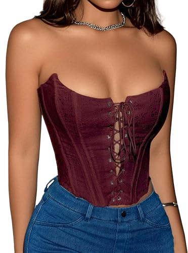 Benfoly Corset Tops for Women Lace Up Overbust Corset Bustier Bodyshaper Lingerie Strapless Sexy Going Out Crop Top Tank, Burgundy, Small
